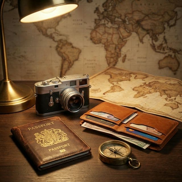 Travel accessories including a camera and passport on a map